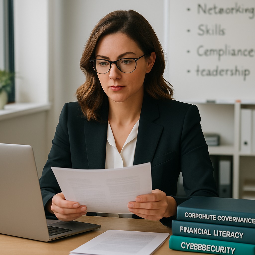 A woman preparing for a board position in a well-organized office, surrounded by relevant