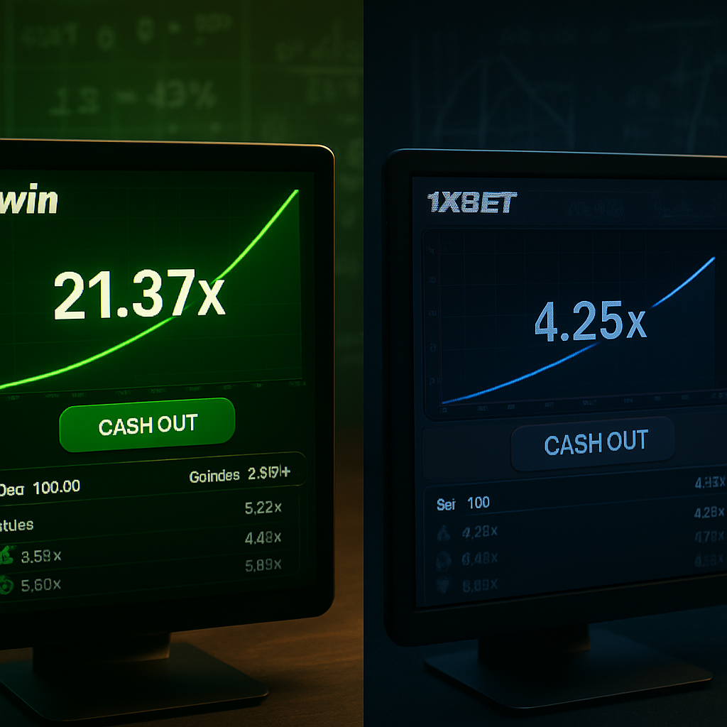 A comparison of crash game interfaces from 1win and 1xBet, highlighting differences in design,
