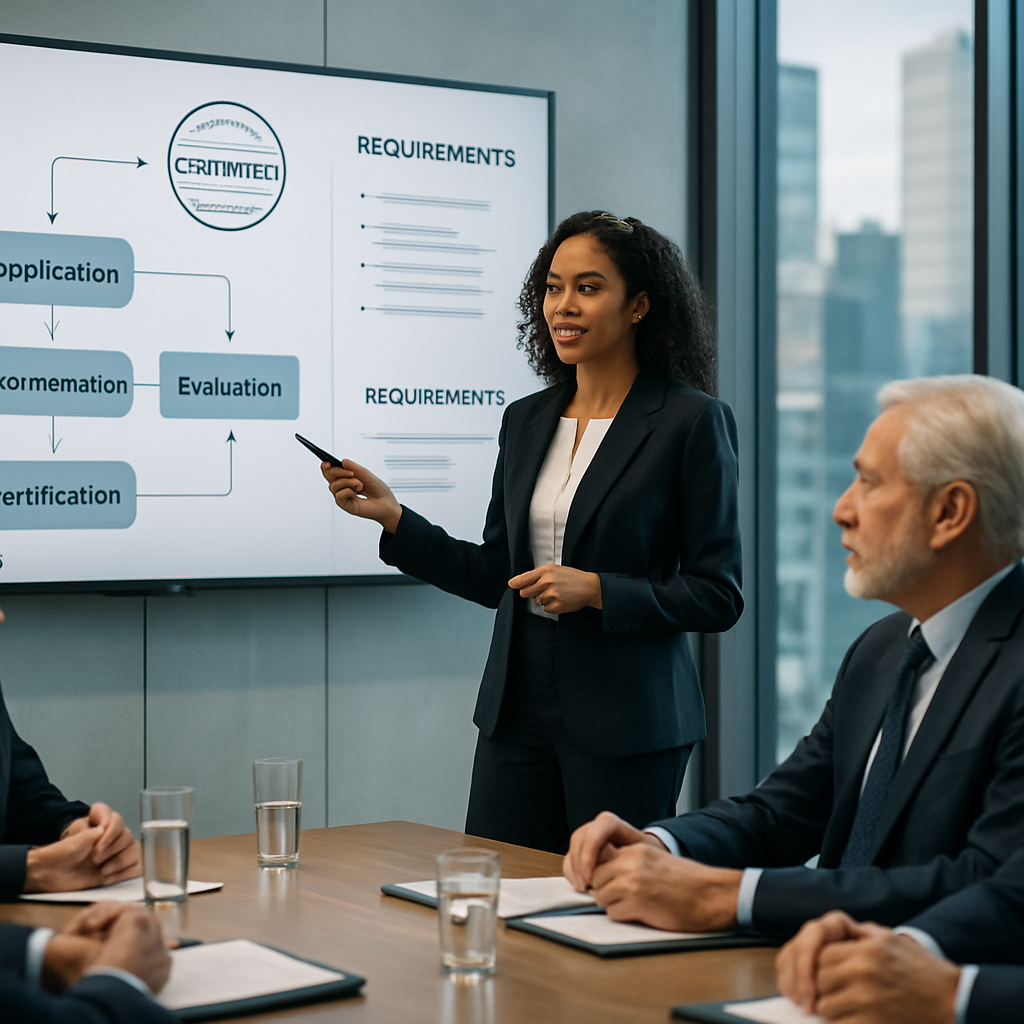 A group of independent directors in a conference room discussing certification steps and requirements.