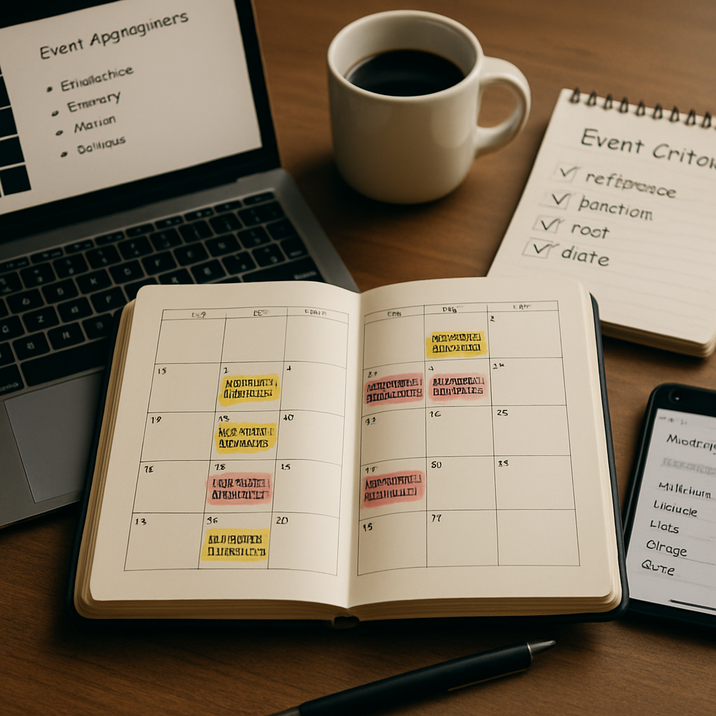 A well-organized workspace with a planner displaying a business events calendar, seminar tools, and