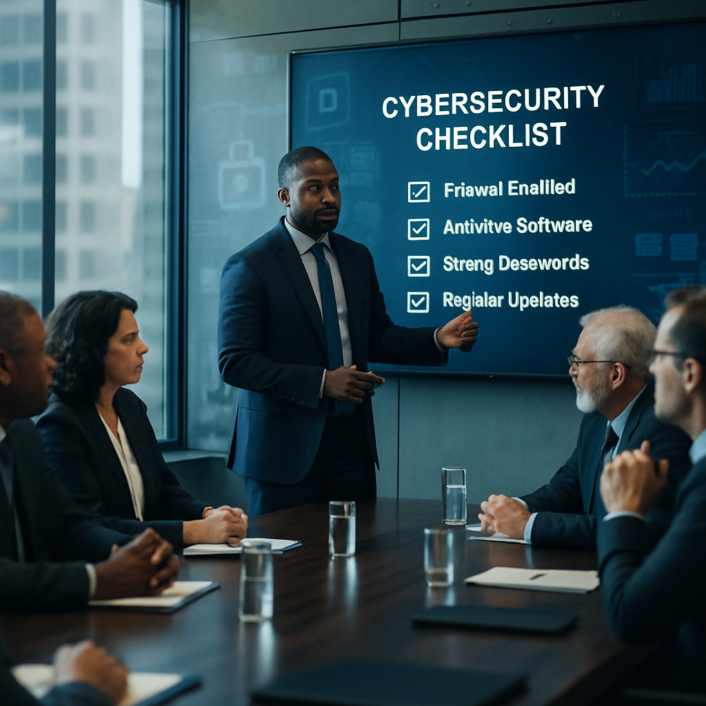 A diverse group of corporate leaders in a modern boardroom discussing cybersecurity strategies with