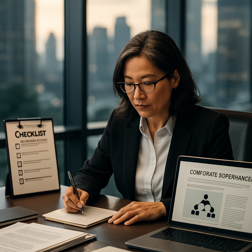A corporate secretary diligently working at a modern office desk, with organizational tools and